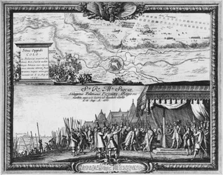 Niederlage der polnischen Armee bei Kola, August 1655, König von Schweden empfängt den Botschafter Polens zur Kapitulation